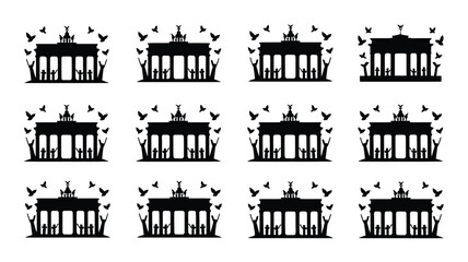 Brandenburg gate silhouette icons with peace doves representing german history and unity. © provash