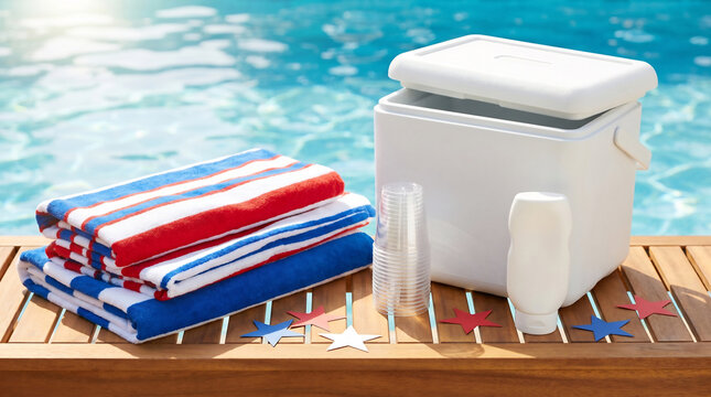 Poolside holiday party supplies with striped towels cooler and plain cups