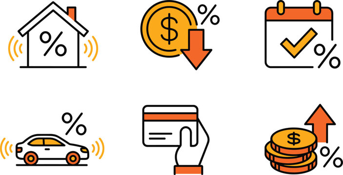 Financial interest rate icon set featuring house loan car payment credit card calendar and tax percentage decrease
