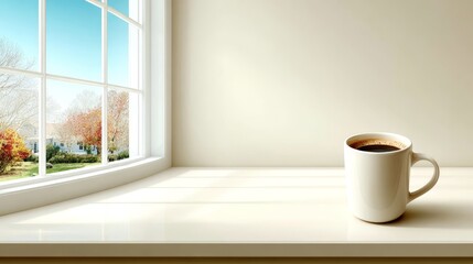 Fototapeta premium Coffee cup rests on window sill hot beverage sits on window ledge offering warmth
