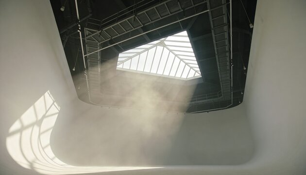 Casting skylight beam into interior atrium, highlighting angled glazing, metal catwalks, cove walls