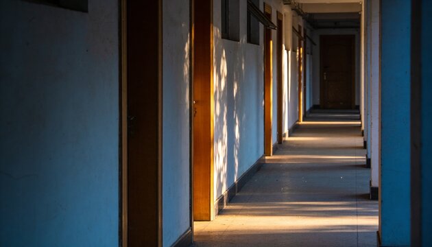 Showing long corridor receding into closed doorway in interior hallway, with wooden doors, sunlight
