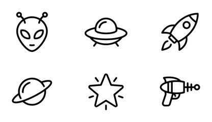 Space Icons Set: Alien, UFO, Rocket, Planet, Star, Ray Gun Vector Graphics © Ahmed