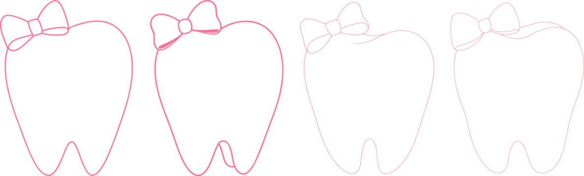 Vector set of minimal cartoon tooth clip art. Simple pink line molar silhouettes with lovely headbands. Clean outline dental stamps for children vector illustration