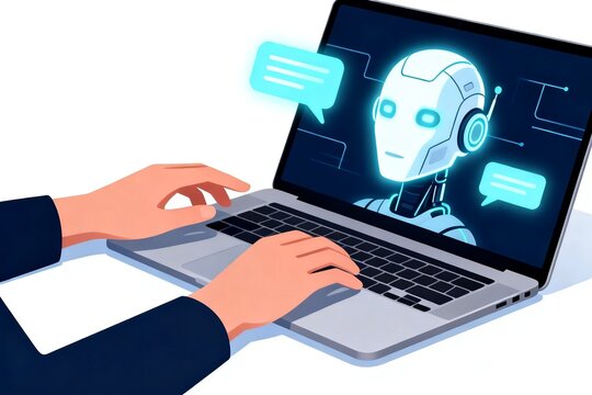 Person typing on laptop with AI chatbot on screen