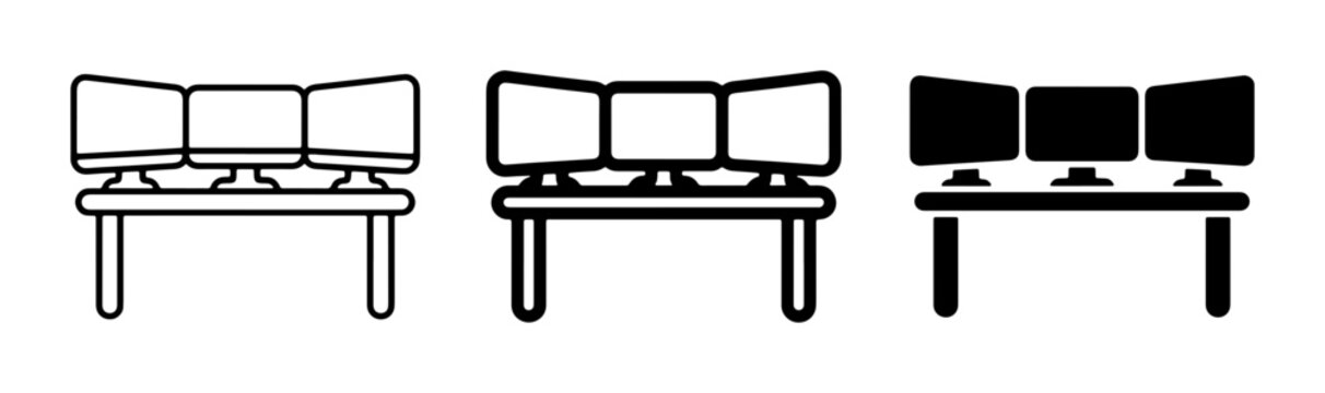 Triple Monitor Setup Icons, Computer Workstation Vector Graphics, Digital Display Array