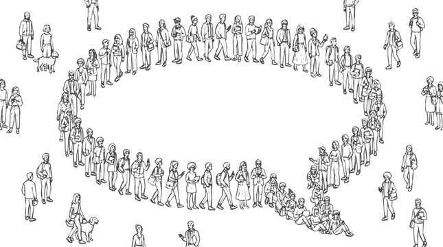 Crowd - Diverse people forming a large speech bubble shape representing social communication, public dialogue, and the collective voice of a