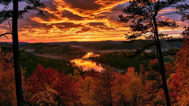 Sunset over the river with colorful trees and clouds in a rural area during autumn season