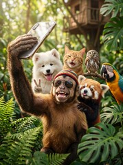 Obraz premium Monkey and friends taking a selfie in the jungle