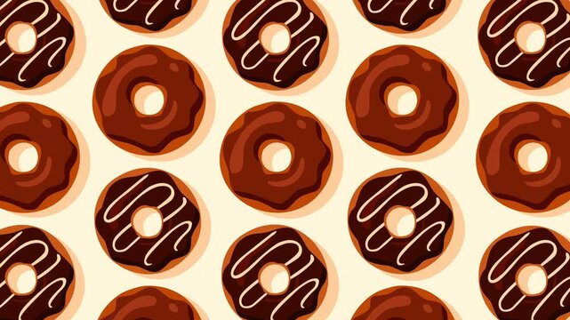 Seamless pattern of chocolate donuts and glazed pastries on a soft cream background, perfect for bakery branding, food content, packaging, and sweet dessert themed motion graphics.