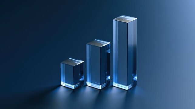 Growing bar chart shows increase in data representation and trends over time with three different heights on a blue background