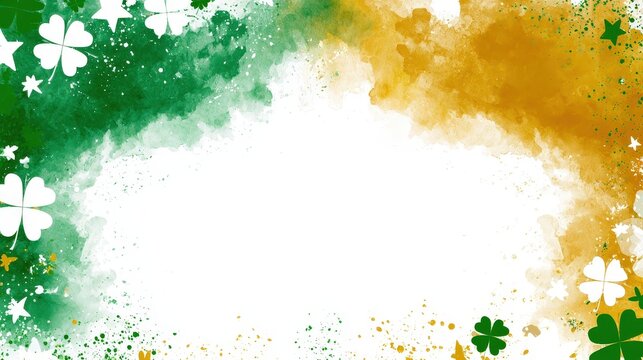 Colorful splash background with shamrocks and orange elements for St. Patrick's Day celebrations in March