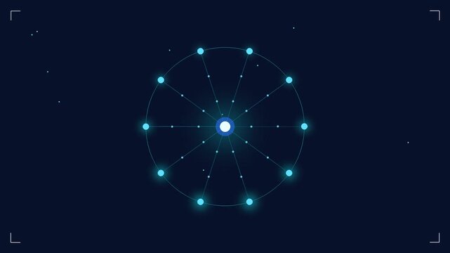 Animated abstract AI agent orchestration network loop with a glowing core coordinating orbiting nodes on dark blue technology background