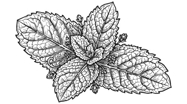 Detailed botanical illustration of fresh mint leaves and peppermint buds in a hand-drawn line art style, perfect for herbal tea or coloring books.