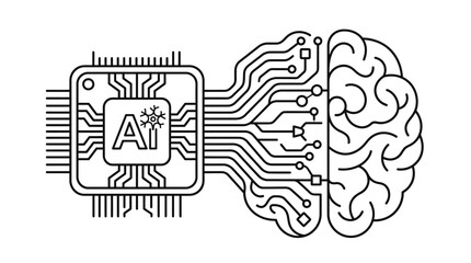 Fototapeta premium AI processor connected to brain with circuitry ribbon illustration.