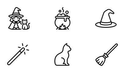 Fototapeta premium Halloween Icons: Witch, Cat, Cauldron, Magic Wand, Broomstick, Hat, Vector Set