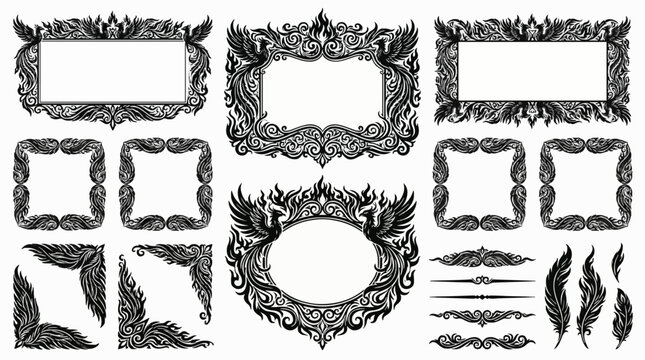 A detailed fantasy-inspired vector collection of frames, corners, and borders featuring majestic phoenix birds, fire flames, and feather motifs.