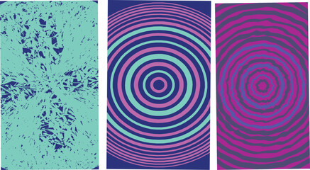 Obraz premium Psychedelic abstract background set, vibrant concentric circle patterns and grunge texture, retro 90s aesthetic posters with purple and teal colors