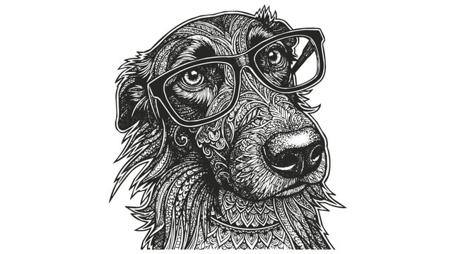 Intricate Dog Portrait featuring Mandala Patterns and Hipster Glasses in a Creative Zentangle Illustration