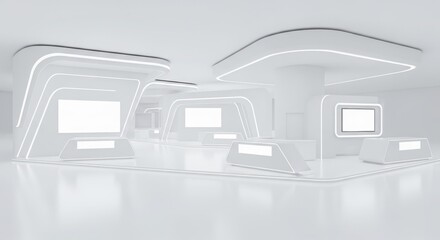 Obraz premium Futuristic all-white exhibition booth with sleek design and illuminated edges, featuring multiple blank display screens in a modern, clean environment.