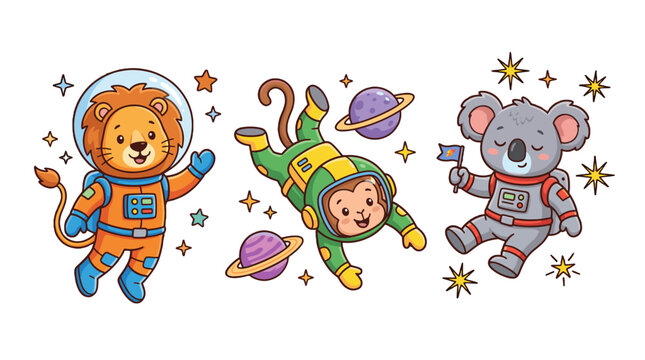 Cute cartoon animal astronauts floating in outer space