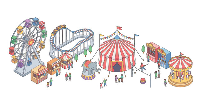 Isometric amusement park scene with rides and circus tent