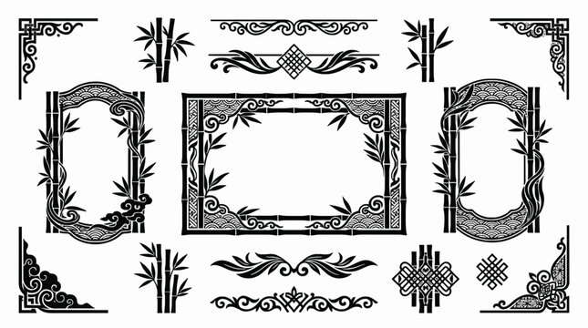 A collection of Asian-inspired ornamental frames, borders, corners, and cloud dividers featuring traditional bamboo and geometric wave patterns.