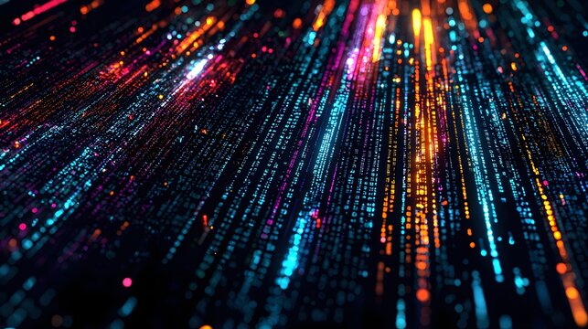 3d render of cybersecurity concept featuring binary code rain on a infinite black...