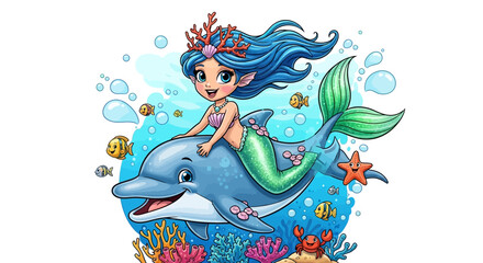 Cute cartoon mermaid riding a dolphin underwater with fish and coral. © Irma