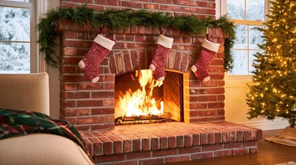 Obraz premium Christmas fireplace with stockings hanging and a decorated tree beside it during winter