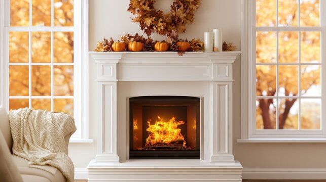Fireplace with autumn decorations in a cozy living room during fall season
