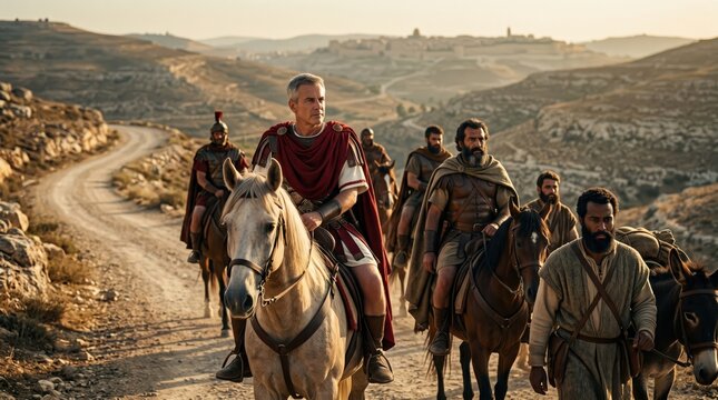 Roman governor Festus riding a horse with soldiers and travelers on a journey to Jerusalem. Biblical scene based on Acts 25. Historical ancient landscape with roman legionary.