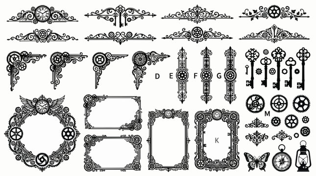 A large collection of industrial steampunk frames, borders, vintage keys, clock faces, and gear mechanism corners in black silhouette vector format.