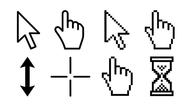 Set of cursor and pointer icons in outline and pixel styles