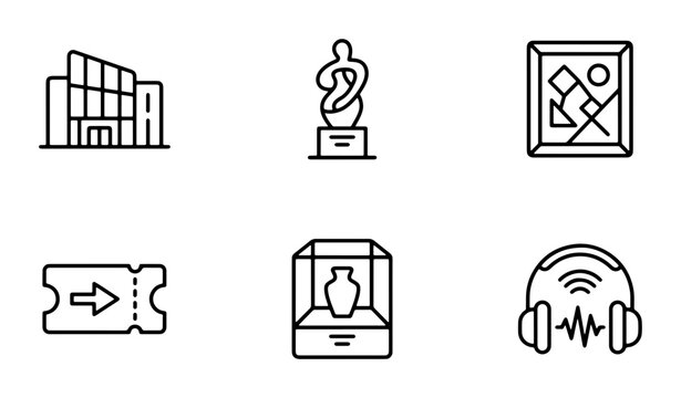 Museum Icons Set: Gallery Building, Sculpture, Art, Ticket, Exhibit, Audio Guide