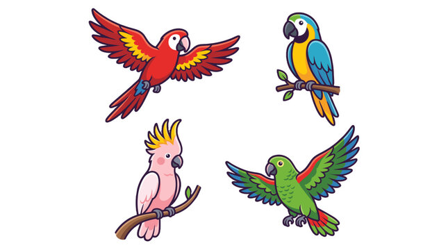 Colorful parrot cartoon set with four tropical birds