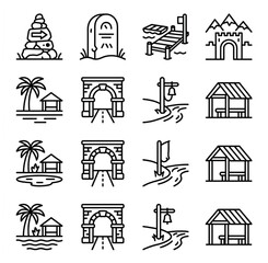 Naklejka premium Collection of orange outline featuring nautical navigation tools, sextant, compass, clock, suitcase, lantern, and map scroll on white background