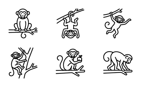 Chimpanzee Icons Set, Cute Monkey Vector Graphics, Jungle Animal Line Art Collection