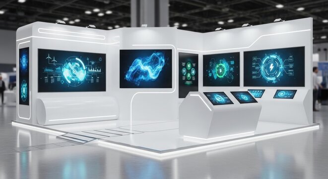 Sleek white technology exhibition stand featuring multiple glowing digital displays with abstract blue and green graphics.