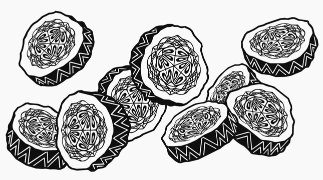 Decorative mandala citrus slice illustration in a zentangle style featuring hand-drawn black and white geometric patterns for adult coloring.