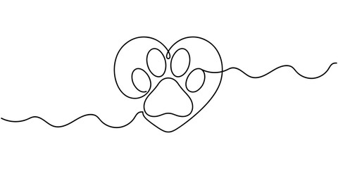 Continuous line art drawing of a dog paw and heart shape symbolizing companionship, loyalty, and the emotional bond between humans and dogs, hand drawn vector illustration. © Pure Outline 