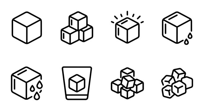 Ice Cubes Icons, Frozen Water Blocks, Cold Refreshment Elements, Drink Chilling Vector Set