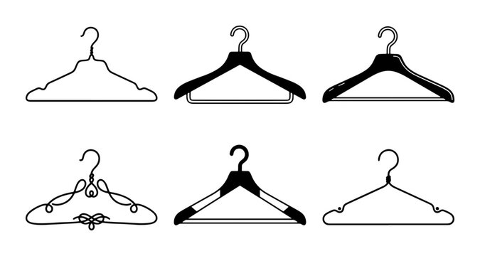 Clothing Hangers Vector Icons Set, Garment Rack Accessories, Wardrobe Storage Solutions, Fashion Display Elements