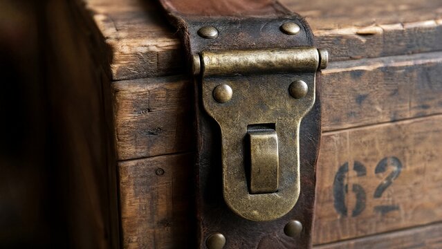 A heavy brass hasp fastened on the leather strap of an aged wooden crate.