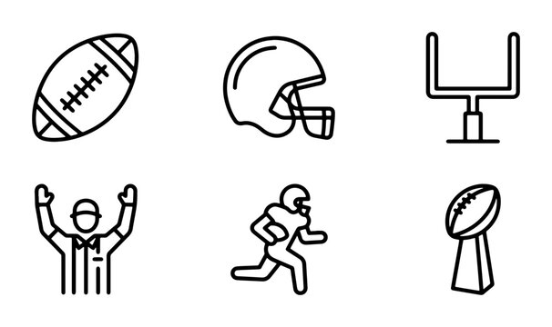 American Football Icons Set, Sport Game Vector Graphics, Team Play Symbols, Championship Trophy, Goal Post