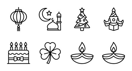 Fototapeta premium Holiday Icons Set: Celebration Symbols, Festive Decorations, Cultural Events, Vector Graphics