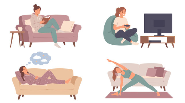 Women relaxing at home reading gaming resting and exercising