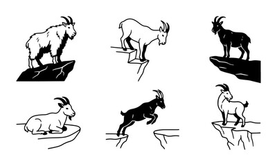 Fototapeta premium Mountain Goat Vector Icons, Wild Animal Silhouette Collection, Climbing Cliff Mammal Graphics