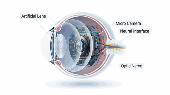 Conceptual rendering of an advanced ocular implant featuring an artificial lens, micro camera, and neural interface for enhanced vision