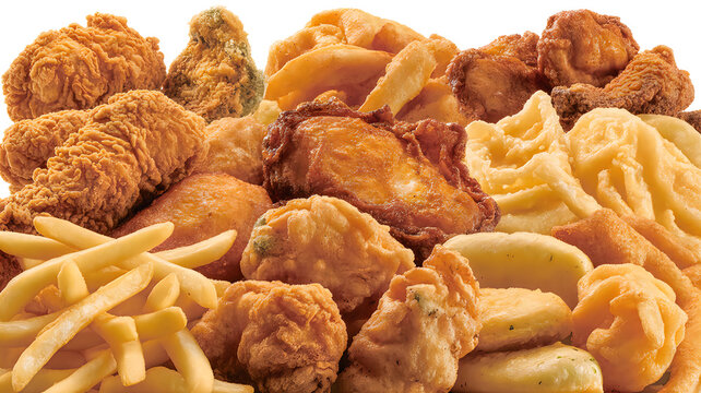 Abundant fried chicken and golden french fries platter with crispy fast food snacks for logo